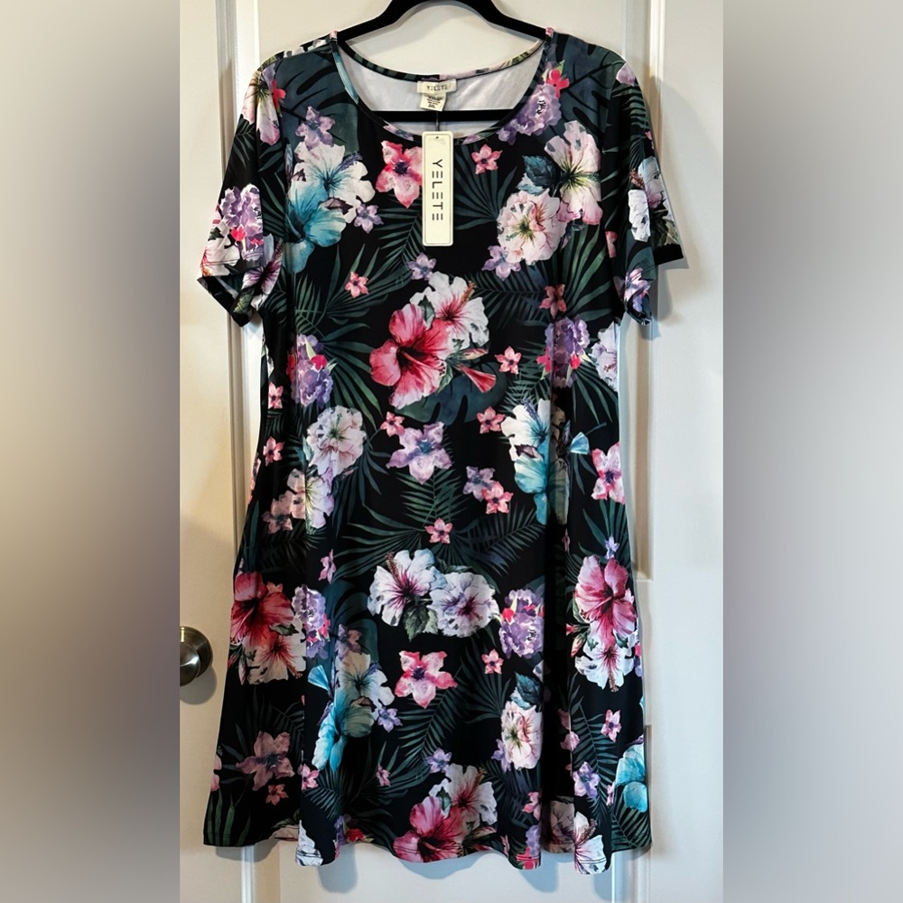 YELETE Women’s Casual Dress 2XL NWT | Black Tropical Floral Print | Crew Neck
